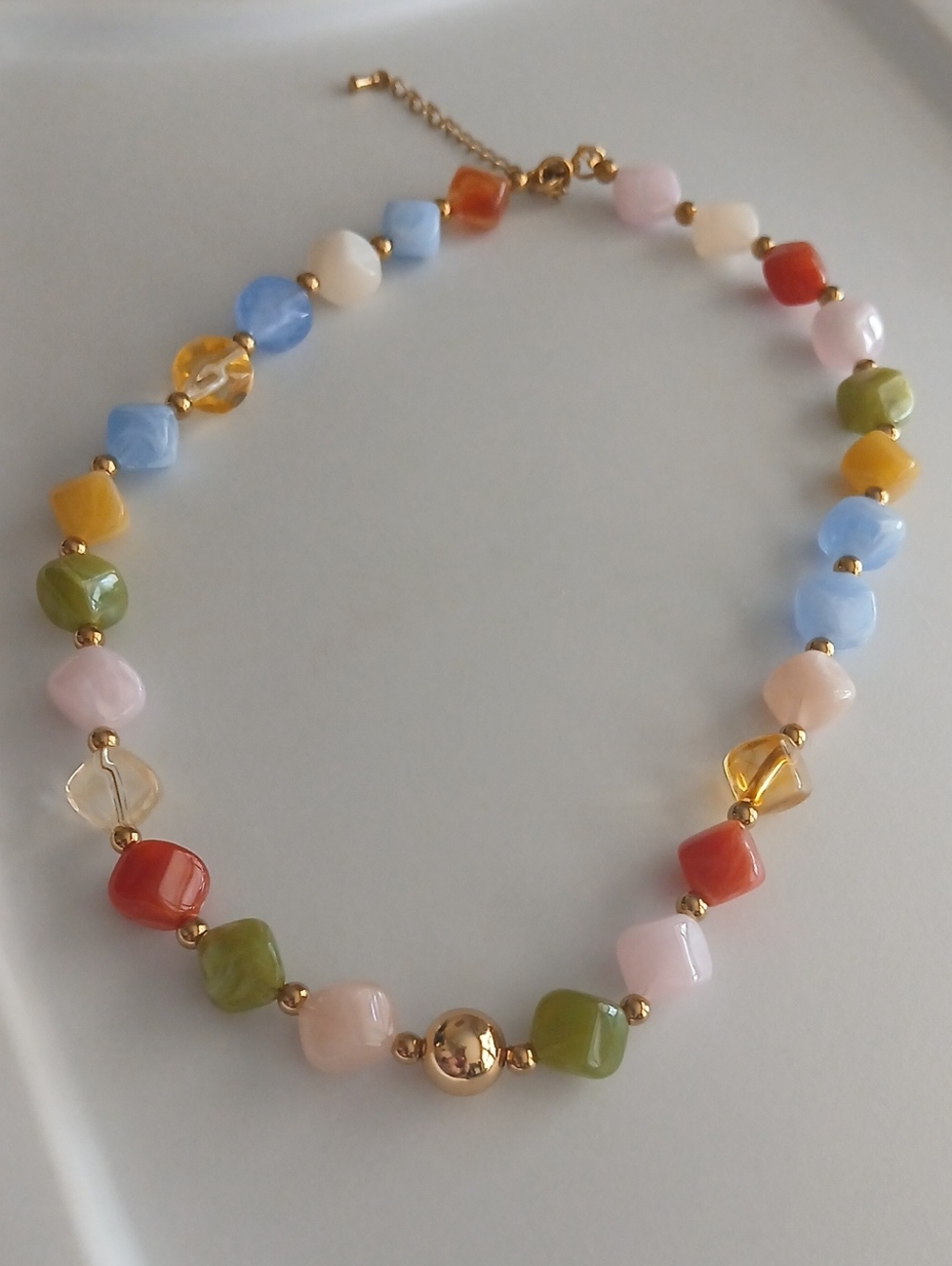 Fashion Jewelry Pastel Multicolor Glass Bead Necklace with Gold Accents